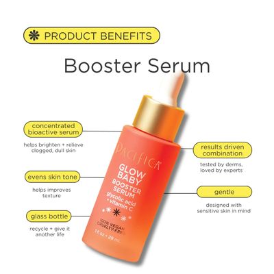 Pacifica Beauty, Glow Baby Booster Serum For Face, Vitamin C and Glycolic Acid, Brightens and Supports, For All Skin Types, Fragrance Free, Clean Skin Care, Vegan &amp; Cruelty Free , 1 Fl Oz
