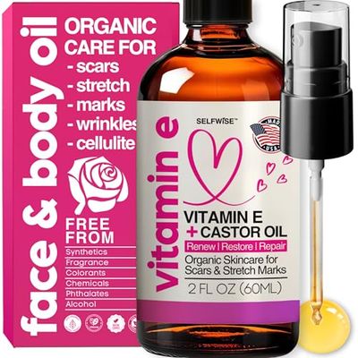 Organic Vitamin E Oil for Scars, Stretch Marks Removal, Wrinkles &amp; Cellulite - Scar Away Treatment Bio Oil with Castor, Rosehip, Jojoba, Almond - Hydrating &amp; Moisturizing Skincare - Face &amp; Body Oil