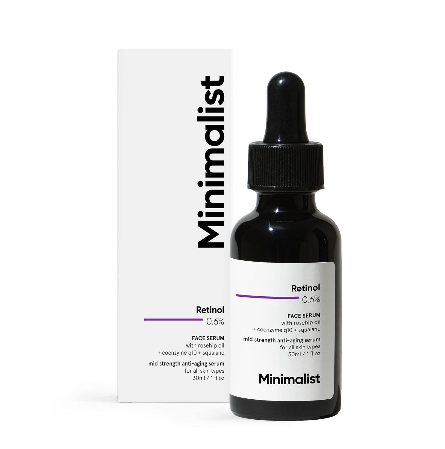 Minimalist 0.6% Retinol Serum For Anti Aging | Antioxidant Effects with Coenzyme Q10 | Reduces Fine Lines &amp; Wrinkles | Mid Strength | 1 Fl Oz / 30 ml