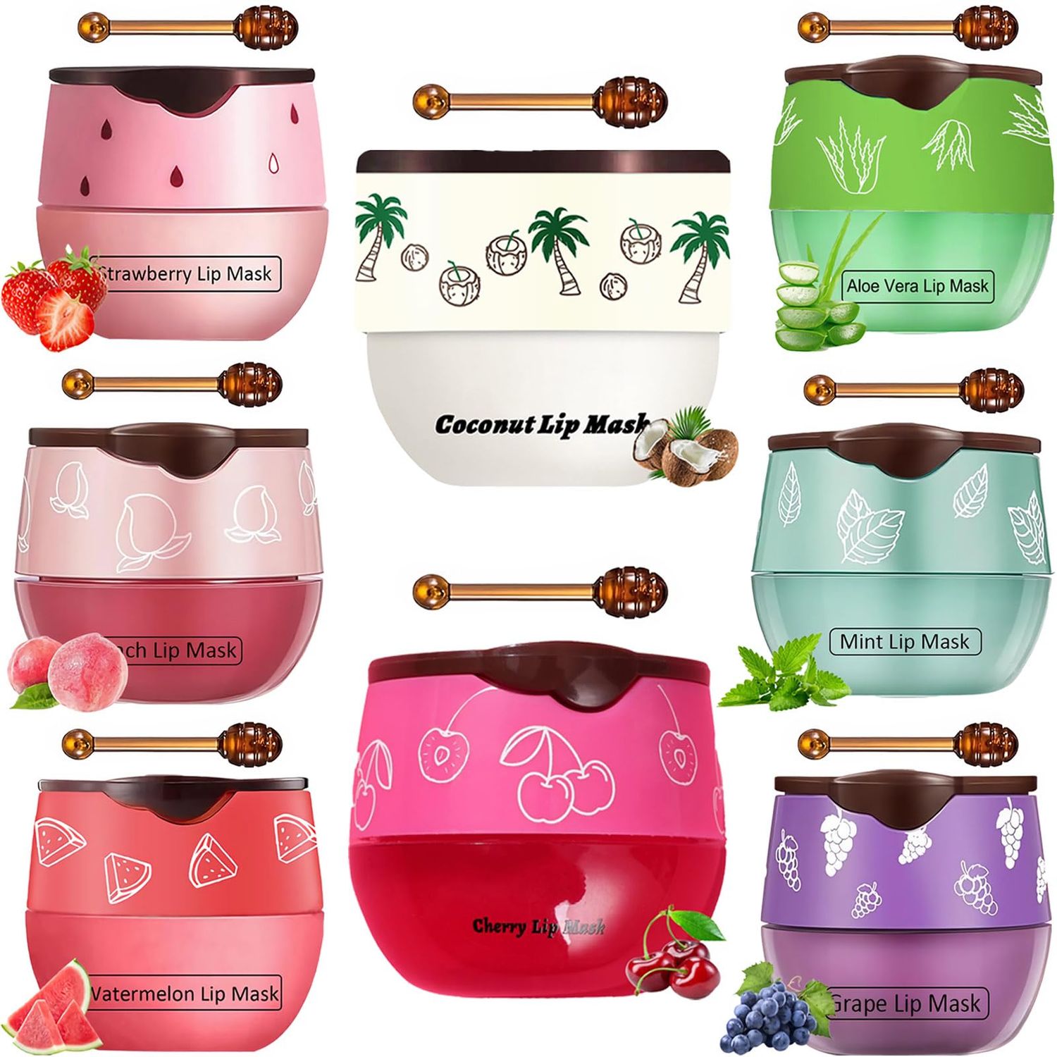 Tnoctuh 8 PCS Bee Lip Balm Honey Pot, Coconut Cherry Mint Strawberry Watermelon Grape Peach Aloe Vera Bee Lip Balm Honey Pot Sleeping Lip Mask Overnight with Stick Prevention Dry and Crack Lip Scrubs