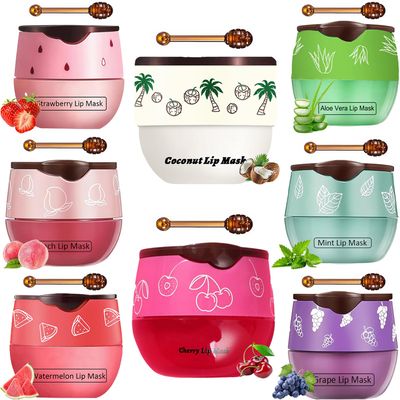 Tnoctuh 8 PCS Bee Lip Balm Honey Pot, Coconut Cherry Mint Strawberry Watermelon Grape Peach Aloe Vera Bee Lip Balm Honey Pot Sleeping Lip Mask Overnight with Stick Prevention Dry and Crack Lip Scrubs