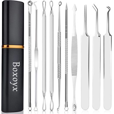 Pimple Popper Tool Kit - Boxoyx 10 Pcs Blackhead Remover Comedone Extractor Kit with Metal Case for Quick and Easy Removal of Pimples, Blackheads, Zit Removing, Forehead,Facial and Nose(Silver)