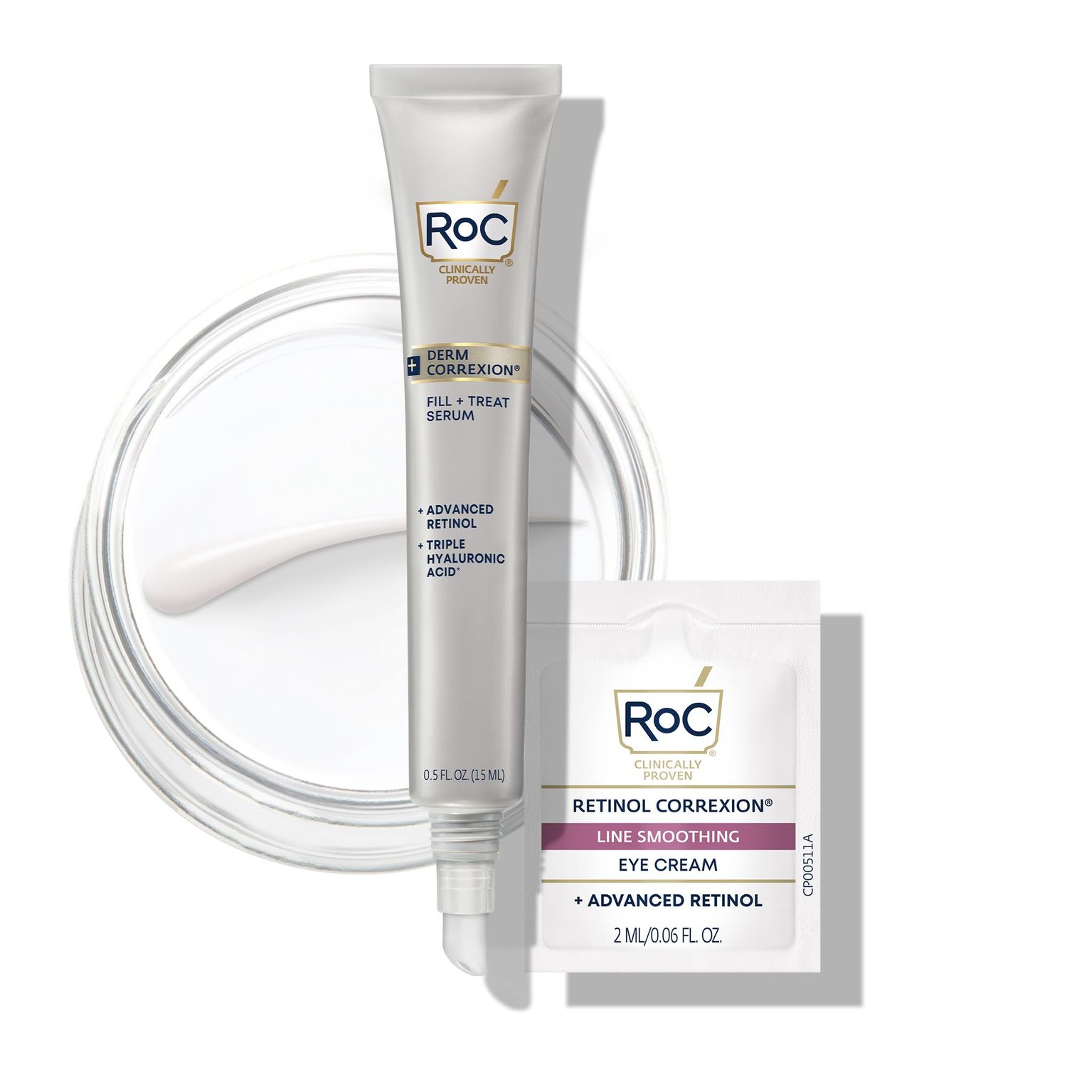 RoC Derm Correxion Fill + Treat Advanced Retinol Serum, Hyaluronic Acid Wrinkle Filler Treatment for Crow&#39;s Feet, 11 Wrinkles, &amp; Laugh Lines, Stocking Stuffer, (.5 fl oz) with Retinol Packette