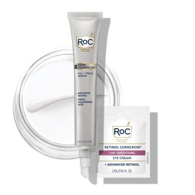 RoC Derm Correxion Fill + Treat Advanced Retinol Serum, Hyaluronic Acid Wrinkle Filler Treatment for Crow&#39;s Feet, 11 Wrinkles, &amp; Laugh Lines, Stocking Stuffer, (.5 fl oz) with Retinol Packette