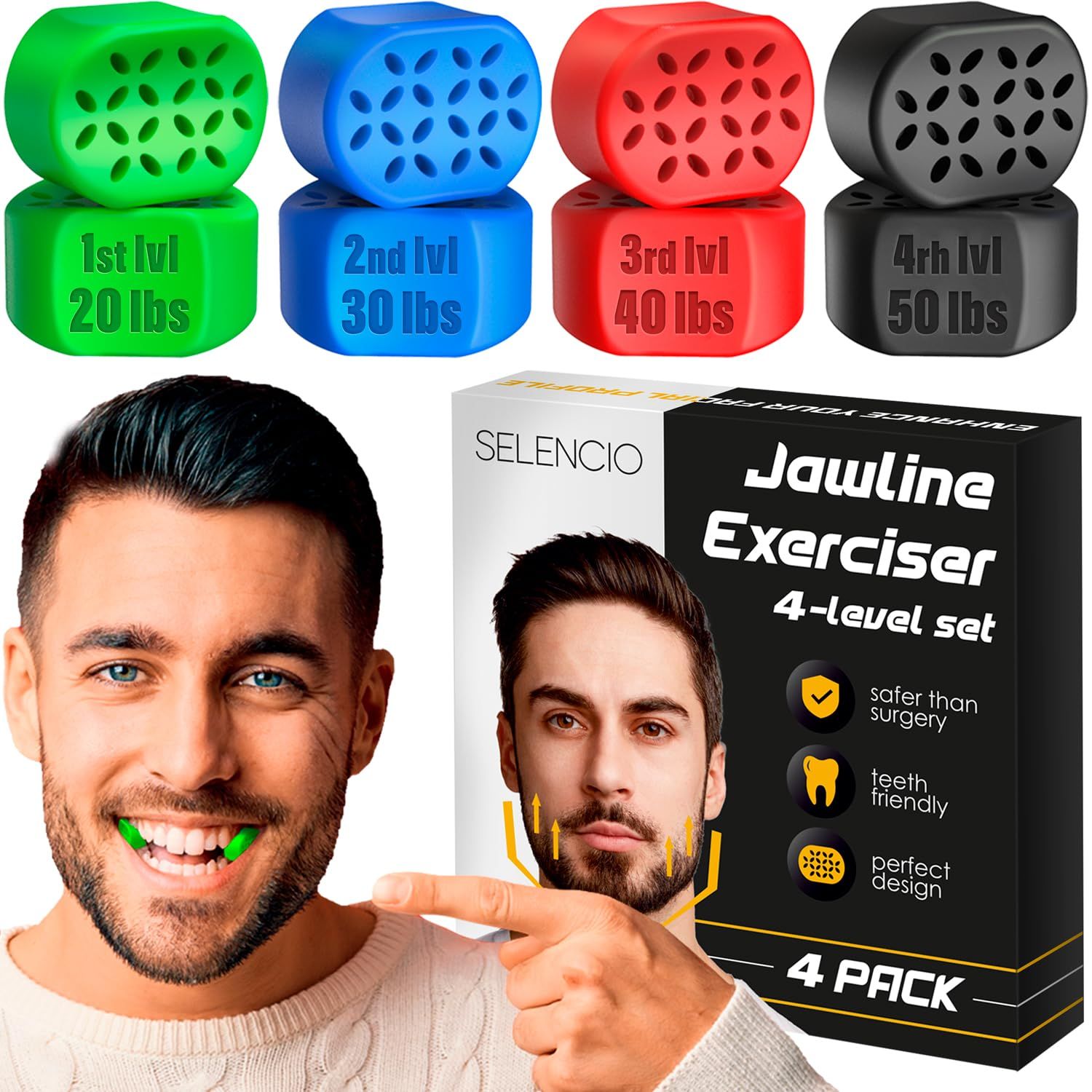 NEW VERSION Jawline Exerciser 8 pcs for Men and Women - Powerful Jaw Trainer - Double Chin Reducer Eliminator - Silicone Toner Tablets - Face Shaper and Strengthener