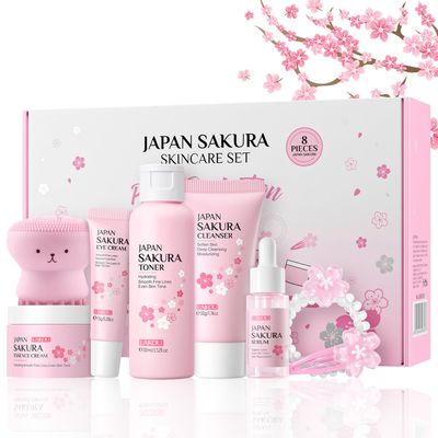 Sakura Skincare Set Facial Kit - Skin Care Gift Set for Girls/Women&#39;s, Facial Skin Care Sets &amp; Kits with Beauty Gift Box, Japanese Skin Care Products Hydrating&amp;Anti-Aging Skin - TSA-Friendly 8Pcs