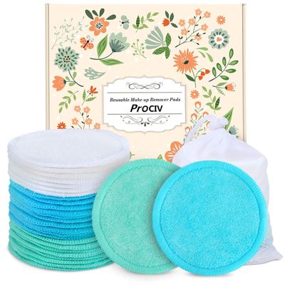 Reusable Makeup Remover Pads - 18 Packs Organic Reusable Cotton Rounds with Washable Laundry Bag for Toner Eco-Friendly Bamboo &amp; Cotton Reusable Cotton Pads for Face All Skin Types (Blue-White-Green)