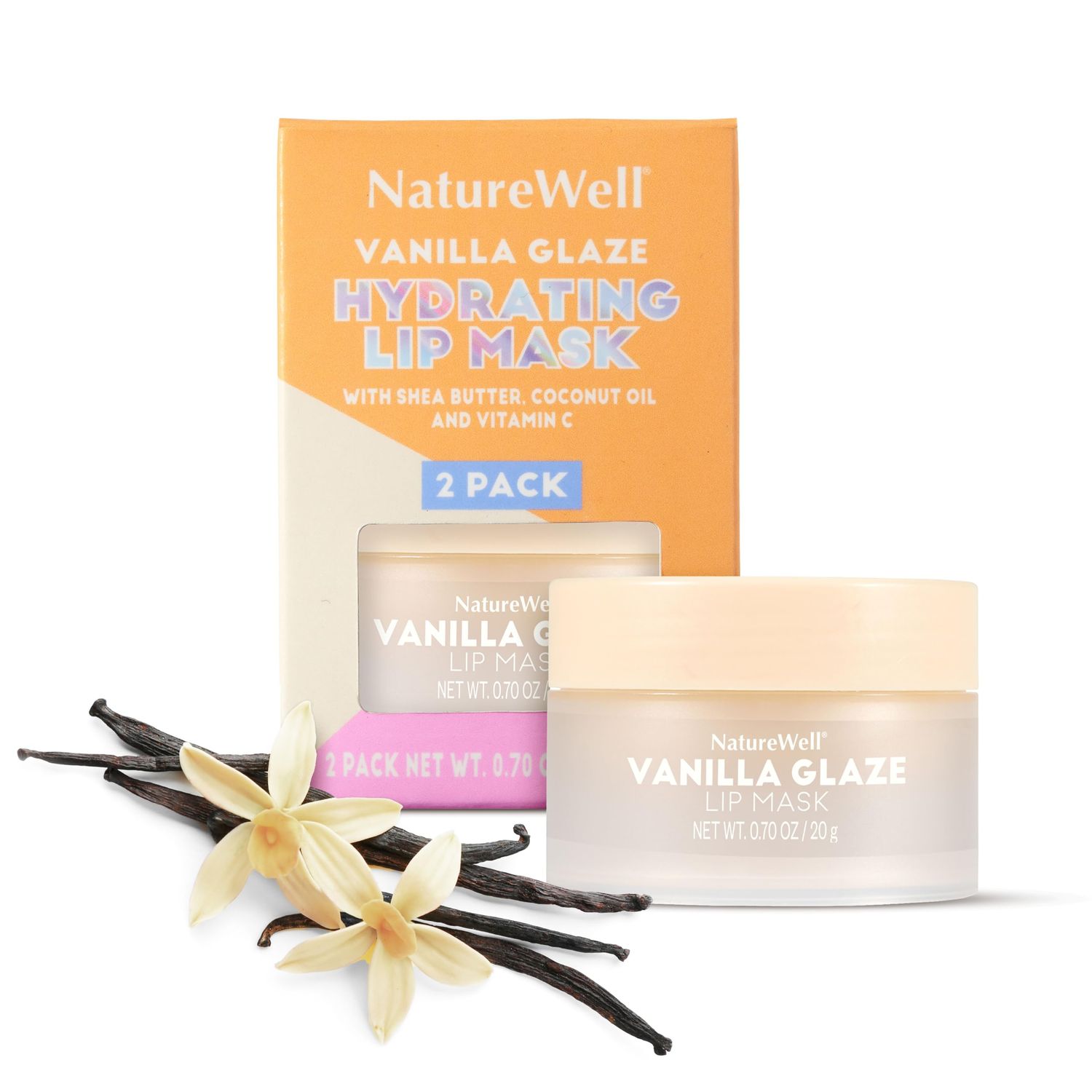 NATURE WELL Vanilla Glaze Hydrating Lip Mask For A Softer, Smoother, Plumper Pout, Nourish &amp; Moisturize Dry Cracked Lips, Made With Shea Butter &amp; Vitamin C, Clean Formula, 0.70 Ounce Each (Pack of 2)