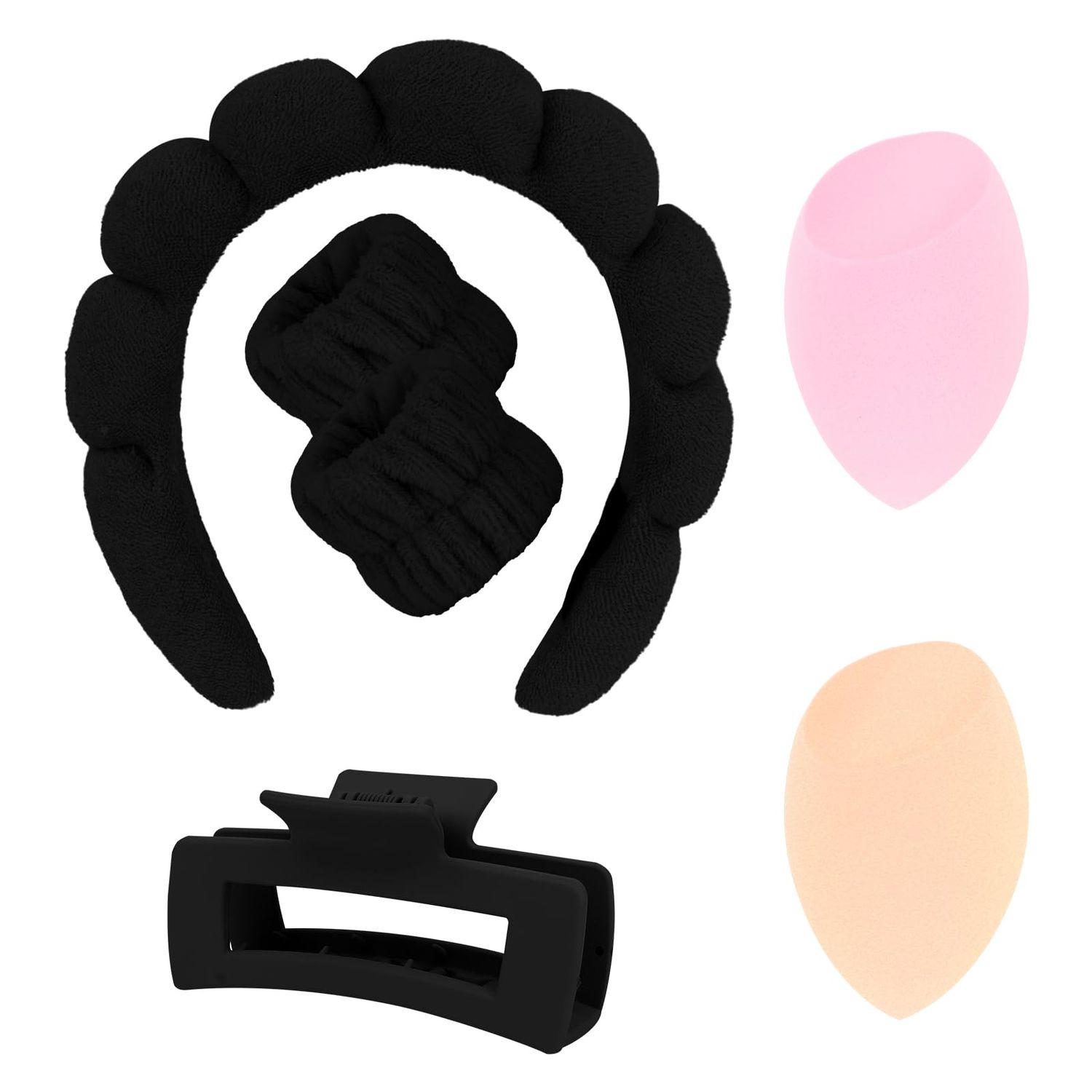 Semato 6pcs Spa Headband And Wristband Set with Hair Claw Clips and Makeup Sponge Skincare For Washing Face Sponge Makeup Bubble Headband Beauty Gifts For Women and Girls (black)