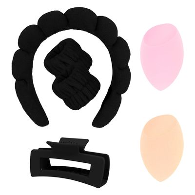 Semato 6pcs Spa Headband And Wristband Set with Hair Claw Clips and Makeup Sponge Skincare For Washing Face Sponge Makeup Bubble Headband Beauty Gifts For Women and Girls (black)