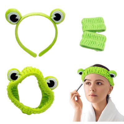SINGEWOW Cute Frog Headband,Spa Headband and Wrist Bands,Skincare Headbands, Makeup Headband,Frog Elastic Face Wash Sets for Girls and Women