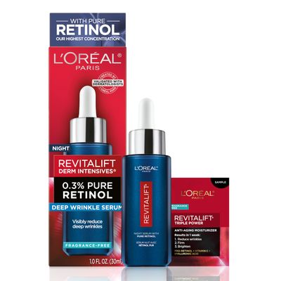 L&#39;Oreal Paris Revitalift 0.3% Pure Retinol Night Serum, Reduce Deep Wrinkles, Fragrance Free 1 oz + Moisturizer Sample