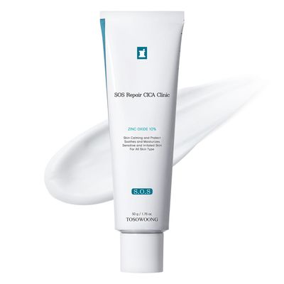 TOSOWOONG SOS Repair CICA Clinic Zinc Cream, 100,000ppm Zinc Oxide, Heal and Soothe Acne, Skin Barrier Repair, Moisture Barrier Cream, Non-Comedogenic, Korean Skincare, 50g, 1.76 oz.