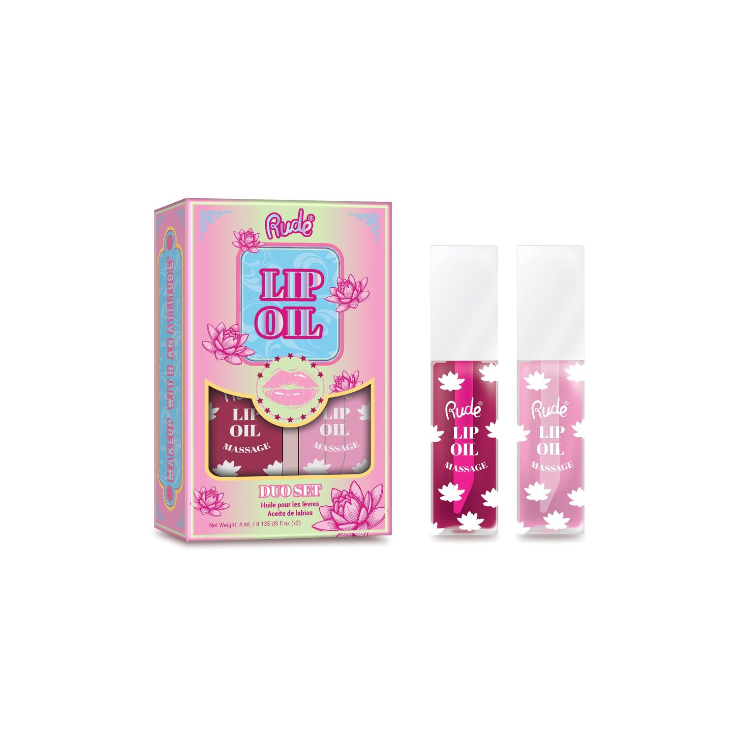 Rude Cosmetics Lip Oil Massage Set, Plumping Lip Gloss Oil for Women &amp; Girls, Hydrating Moisturizing Lipgloss for Soft Nourished Lips, Ideal for On-the-Go Lip Care, Passion Fruit &amp; Grapefruit