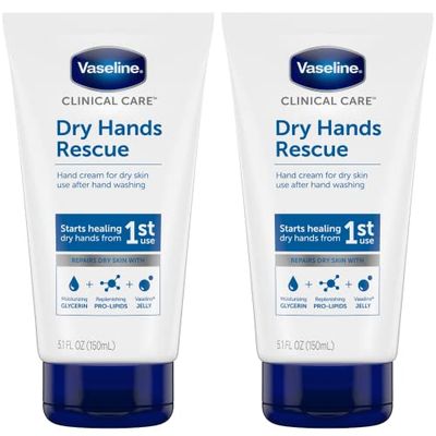 Vaseline Hand Cream, Clinical Care Dry Hands Rescue - Fragrance-Free Hand Lotion for Extremely Dry Skin Petroleum Jelly, Glycerin &amp; Pro-Lipids, 5.1 Oz Ea (Pack of 2)