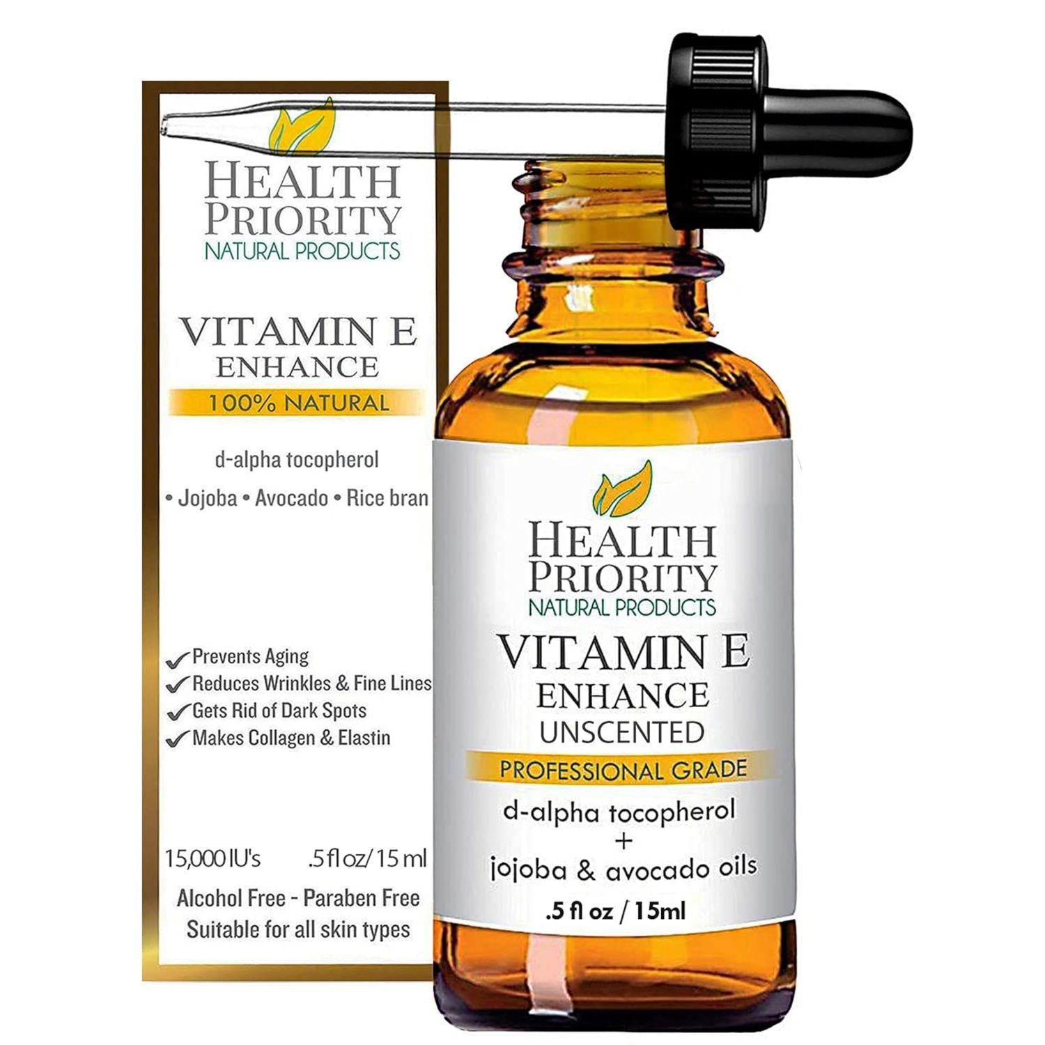 Organic Vitamin E Oil for Skin &amp; Scars |100% Pure Natural Serum Hand Made in South Carolina | 15000 IU Vitamin E for Face &amp; Hair| Non-GMO, Gluten &amp; Cruelty Free, Vegan | Unscented 0.5 Fl Oz
