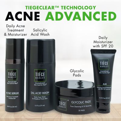 Tiege Hanley Men's Acne Treatment System (Level 2), The TiegeClear Acne Advanced Routine for Smooth Skin - Includes Sal Acid Wash, Glycolic Acid Pads, and Acne Serum - All Skin Types