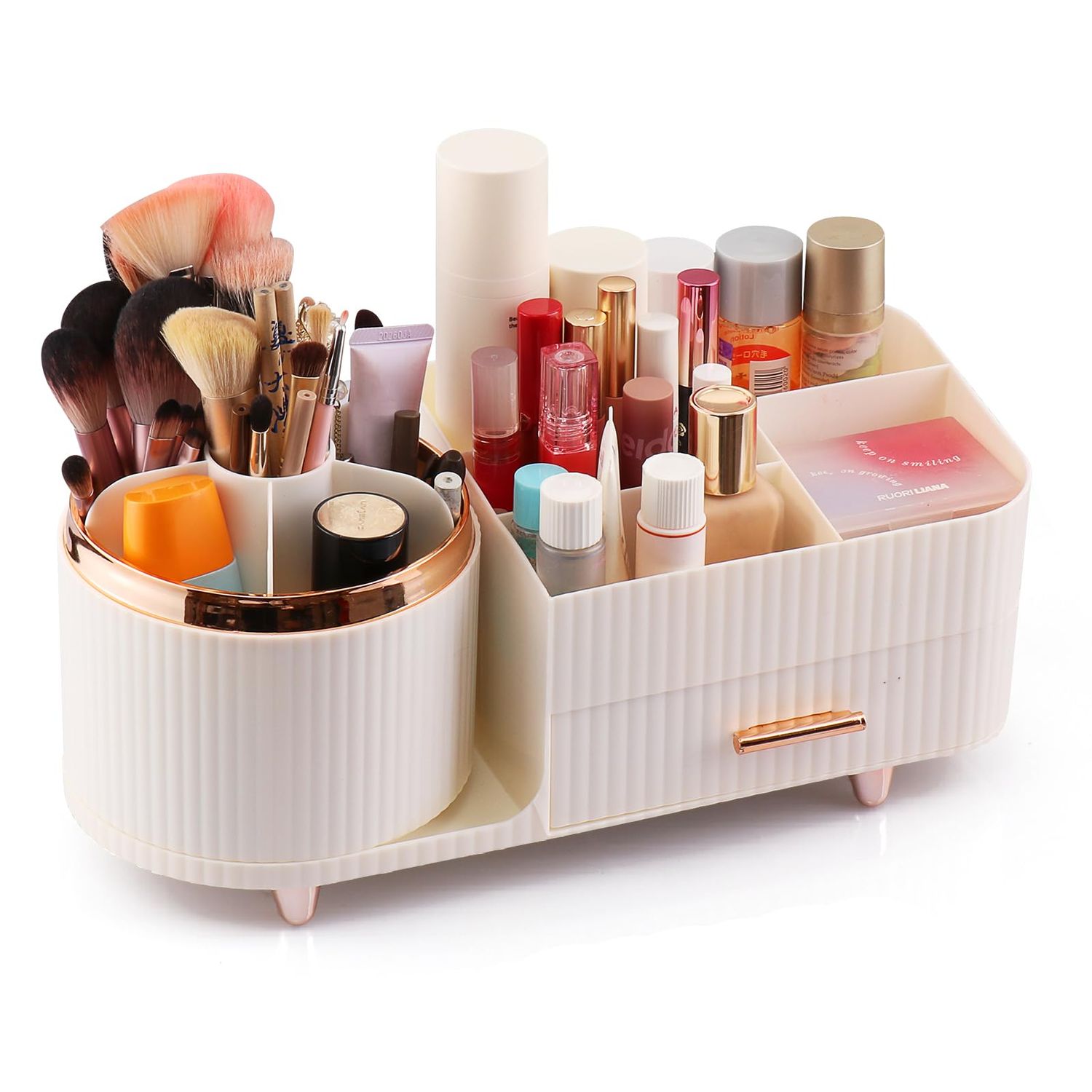 QLoztyse Rotating Makeup Storage Organizer for Vanity - Large Cosmetic Display, Bathroom Make Up and Skincare Organizers Countertop with Brush Holder and Drawers