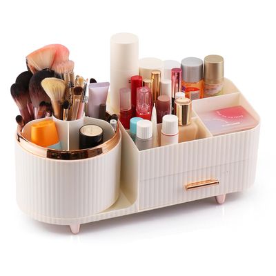 QLoztyse Rotating Makeup Storage Organizer for Vanity - Large Cosmetic Display, Bathroom Make Up and Skincare Organizers Countertop with Brush Holder and Drawers