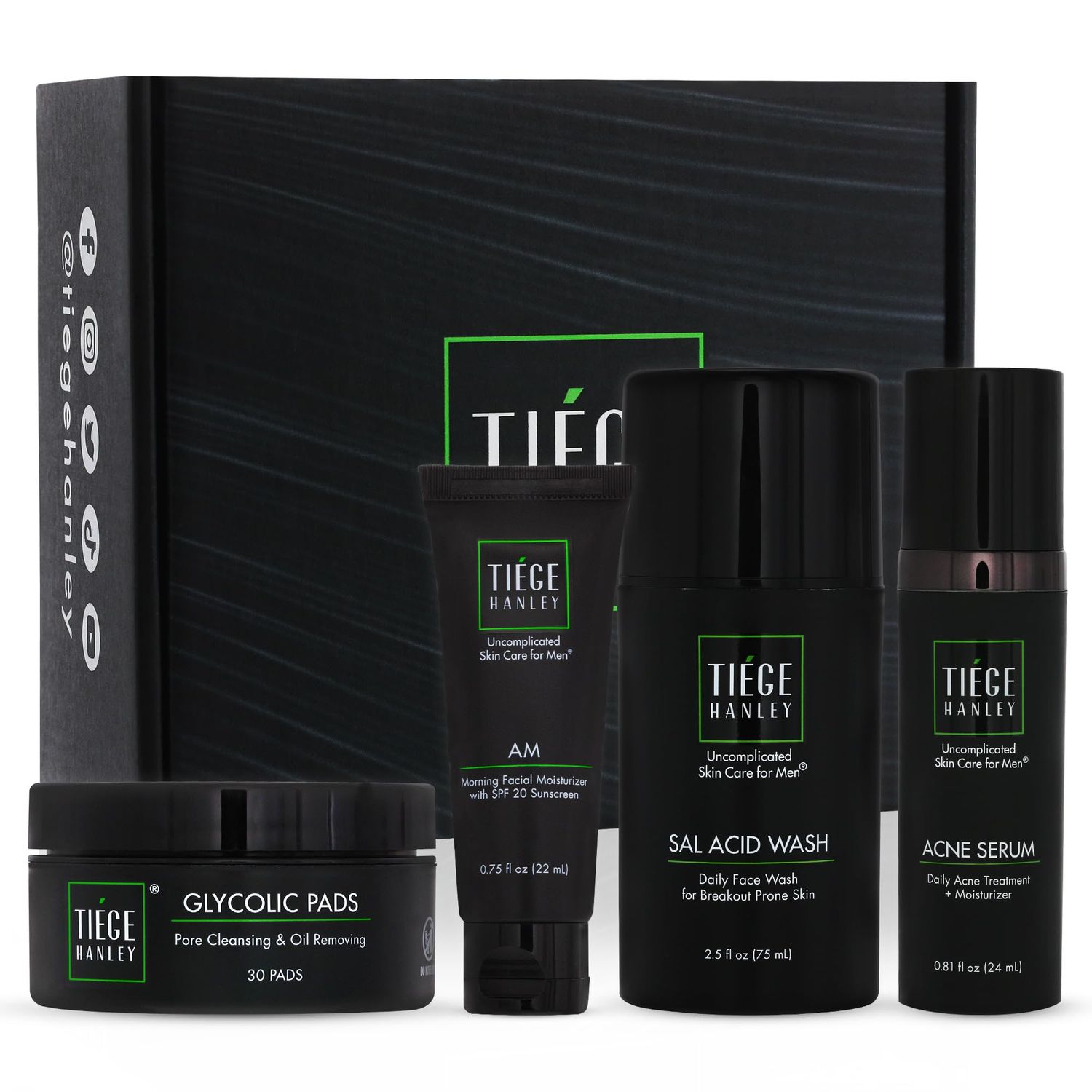 Tiege Hanley Men&#39;s Acne Treatment System (Level 2), The TiegeClear Acne Advanced Routine for Smooth Skin - Includes Sal Acid Wash, Glycolic Acid Pads, and Acne Serum - All Skin Types