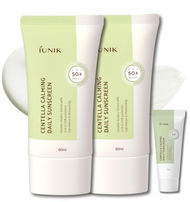 IUNIK Centella Calming Moisture Daily Sunscreen SPF 50+ PA++++ Matte &amp; No White Cast Centella Asiatica Dry Oily Sensitive Vegan Korean Skincare - Pack of 2