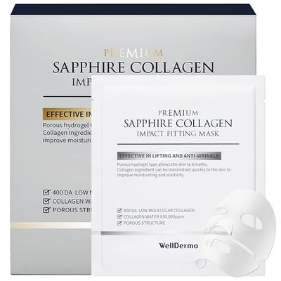 WELLDERMA Sapphire Collagen Face Mask 4ea - Overnight Hydrating &amp; Firming Korean Hydrogel Mask with High Norwegian Collagen Content - Deep Absorption, Moisturizing, Elasticity Boost for All Skin Types