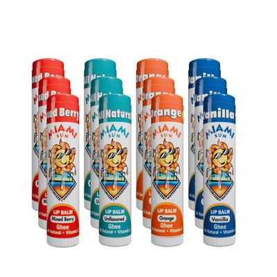 Miami Sun Natural Ghee Lip Balm, Hydrating Lip Treatment with Shea Butter &amp; Beeswax, Organic &amp; Non-Toxic, Best for Dry, Chapped Lips - Moisturizing, Healing, Chemical-Free Lip Repair (12 Pcs, Variety)