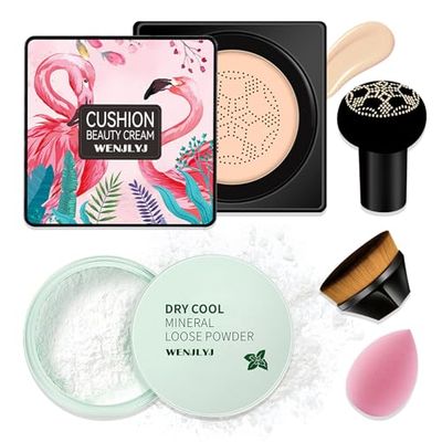 Mushroom Head Air Cushion CC Cream Foundation,Loose Setting Powder Long Lasting Moisturizing Concealer with Makeup Sponge,Full Coverage Foundation Brushes Makeup Base Set4PCS