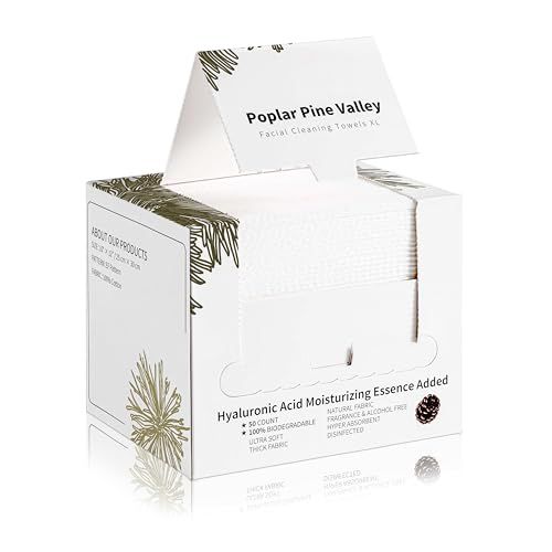 Poplar Pine Valley, Face Cleaning Towels, Makeup Remover Dry Wipes, Hyaluronic Acid, Skincare Towels for Face, Cleansing and Moisturizing, Cotton, Thick Soft, Travel, 50 Ct, 1 Pack