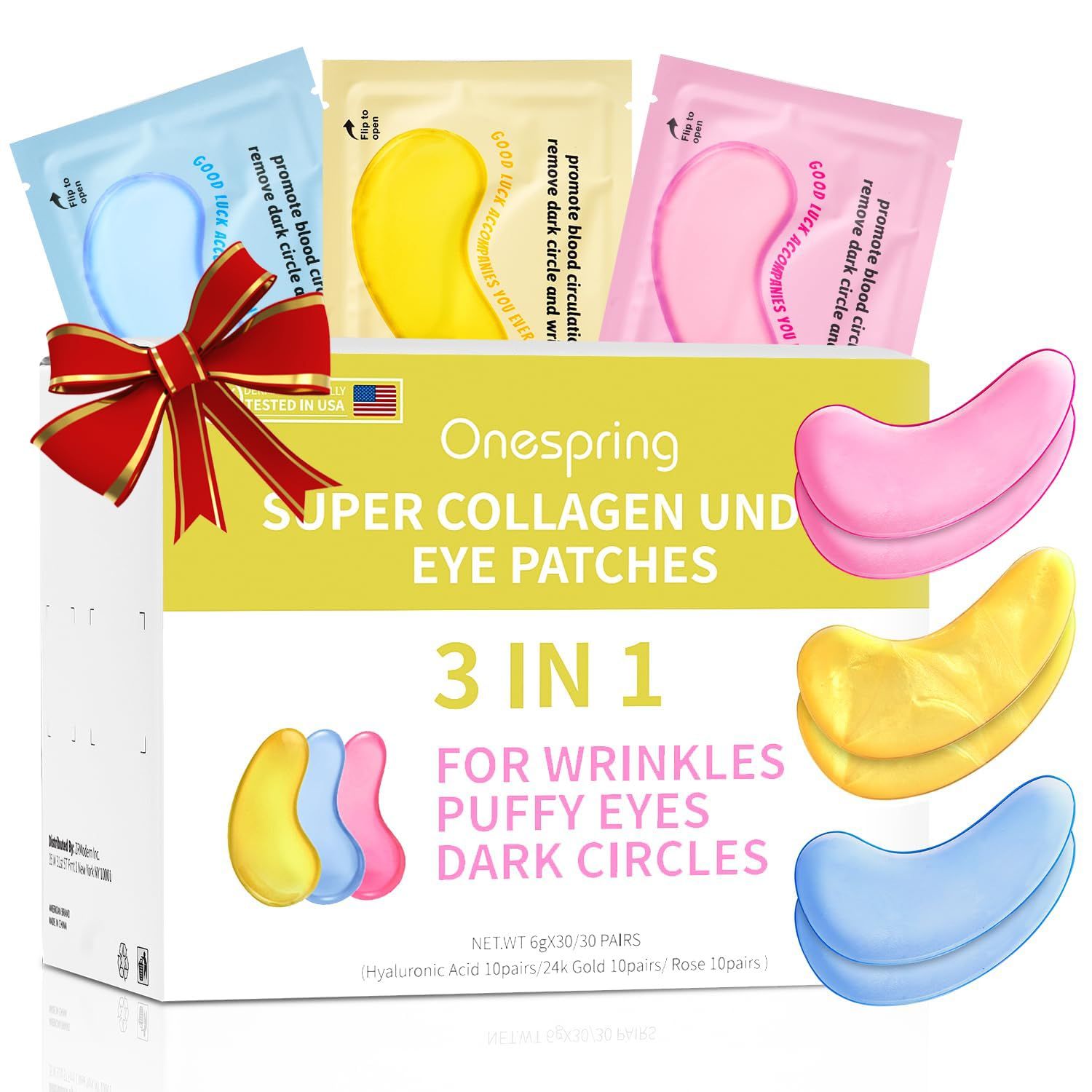 Onespring Under Eye Patches (30 Pairs) 24K Gold Eye Mask and Hyaluronic Acid Eye Patches for Puffy Eyes, Rose Eye Masks for Dark Circles, Puffiness, Eye Bag, Wrinkles - Valentine&#39;s Day Gift for Women