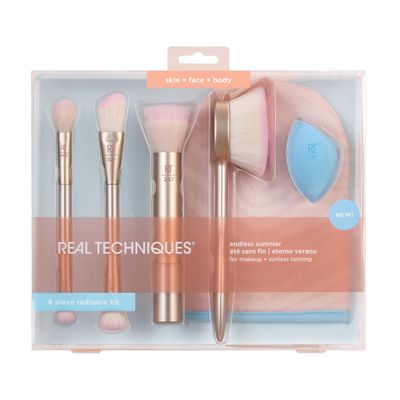 Real Techniques Endless Summer Makeup Brush Kit, Face Brushes, For Foundation, Powder, Highlight, Contour, &amp; Bronzer, Inlcudes Tanning Mitt, Premium Quality, 6 Piece Set