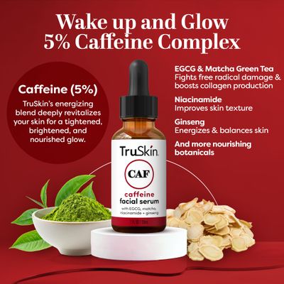 TruSkin Caffeine Face &amp; Eye Serum - Energizing 5% Caffeine Serum with EGCG - Dark Circles Under Eye Treatment with Niacinamide Matcha and Ginseng - Reduce Eye Puffiness in 60 Days, 1 Fl Oz