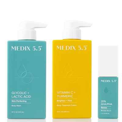 MEDIX Anti Aging Skin Care 3PC Set | Vitamin C Body Cream + Exfoliating AHA Glycolic Acid Foaming Face Wash &amp; Body Wash + 10% AHA Exfoliating Serum For KP Bumps, 3pc Skincare Set