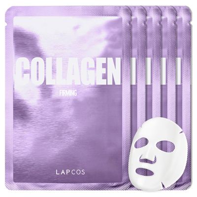LAPCOS Collagen Sheet Mask, Firming Daily Face Mask with Collagen Peptides for Anti-Aging, Helps to Minimize Wrinkles, Restores Skin Elasticity &amp; Firmness, Korean Beauty Favorite, 5-Pack