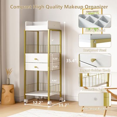 Makeup Organizer Cart Shelf Floor Skincare Organizers Make Up and Station Storage Cabinet For Vanity Standing Cosmetics With Drawers and Wheels For Nail Polish Perfume Hair Tool Holder Beauty(Gold)