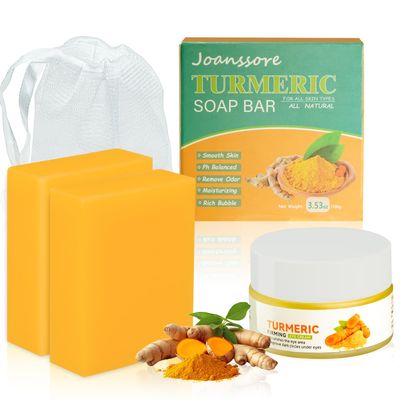 Joanssore Turmeric Soap Bar Turmeric Eye Cream Set of 3 Turmeric Cleansing for Face &amp; Body 100 Natural Handmade Ginger Soap Organic Turmeric Moisturizer for Spots and Dark Circles Skin Care Set