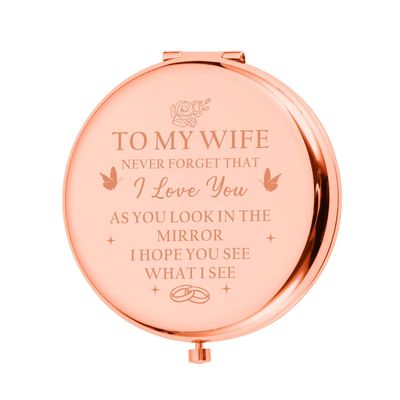 Valentines Day Gifts for Wife, Cute Valentines Day Gifts for Her Wife, Rose Gold Compact Mirror for Wifey, Anniversary Wedding Gifts for Women, Wife Gifts from Husband, Wife Valentines Day Gifts