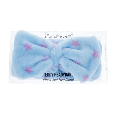 The Crme Shop Korean Skincare Beauty Facial Sweat Hair Towel, Non-slip Stretch Comfortable Wrap Band Adhesive Makeup Wash Spa Elastic - Blue Teddy Headyband with Pink Stars