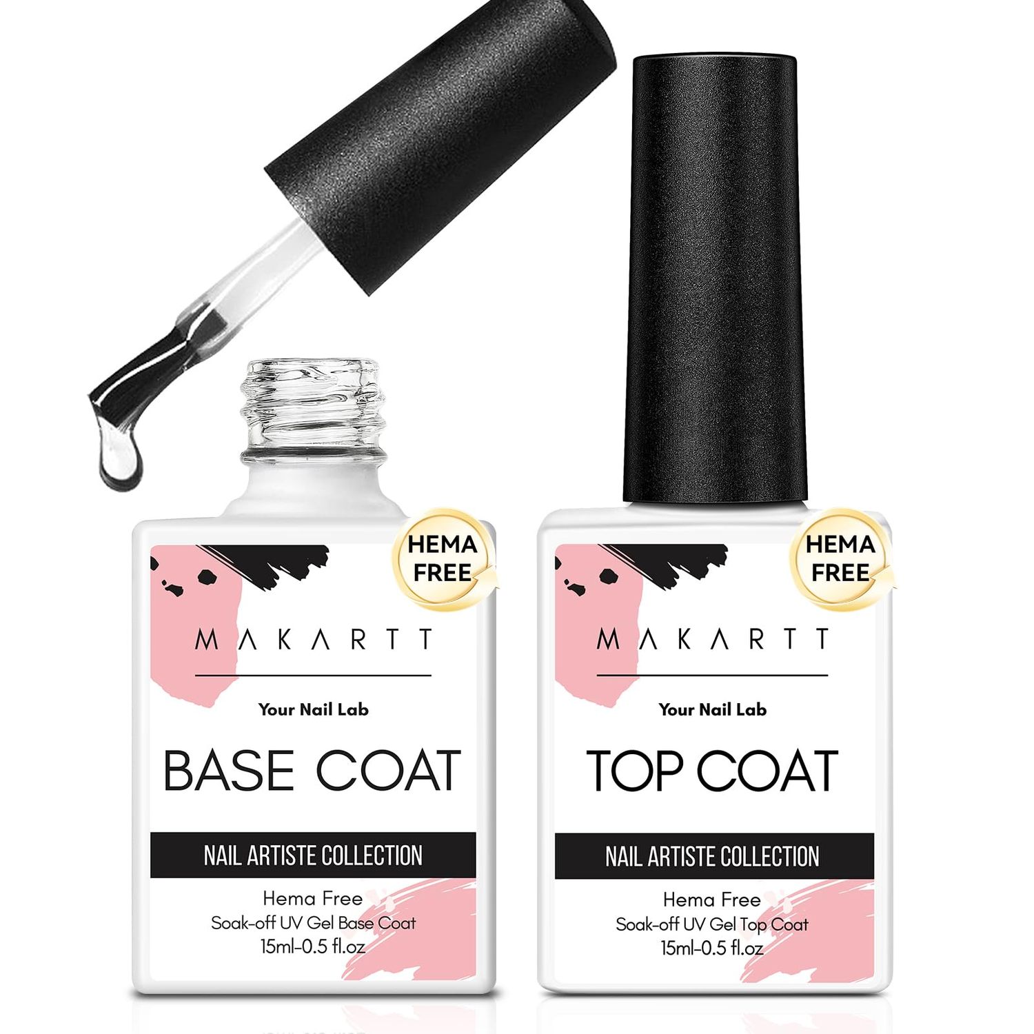 Makartt Hema-Free Gel Top and Base Coat Set: No Wipe Shiny Finish, Soak Off Long Lasting LED Nail Lamp Gels for Polish, Salon Quality Manicure, 2PCS 15ML