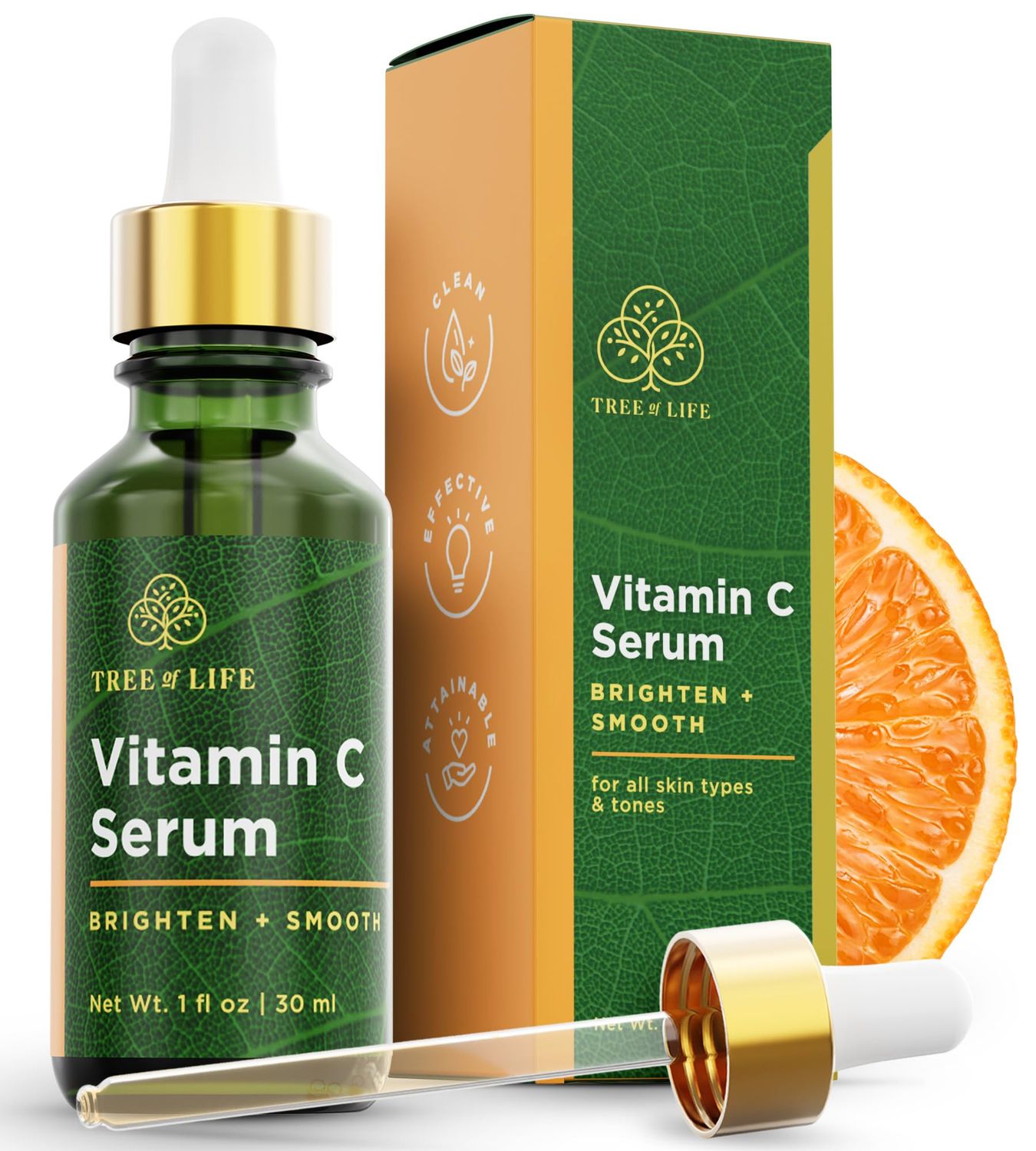 Tree of Life Beauty Vitamin C Skin Care Set, Skin Brightening Face Oil for Dark and Age Spots, Facial Serums for Dry and Sensitive Skin with Hyaluronic Acid &amp; Vitamin E for Soft Smooth Skin, 1 Fl Oz