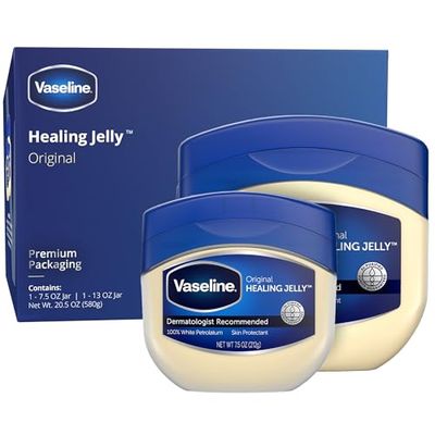 Vaseline Petroleum Jelly, Dermatologist Recommended, Original, 100% White Petrolatum, Deep Moisturizer, Relieves Dull, Dry Skin, Soothing &amp; Gentle, 13 oz and 7.5 oz, Pack of 2