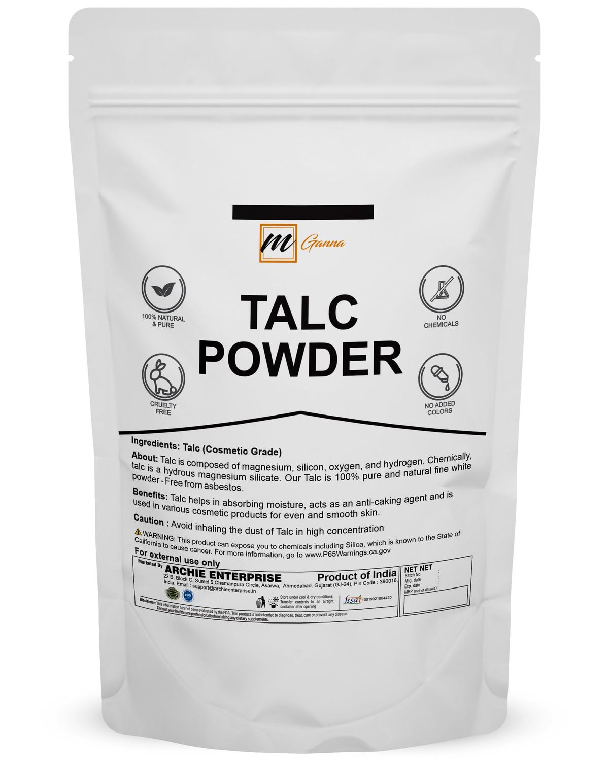 mGanna 100% Natural Talc Powder for Facial Make-up, Cosmetic Formulations, and Other Industrial Application 1 LBS / 454 GMS