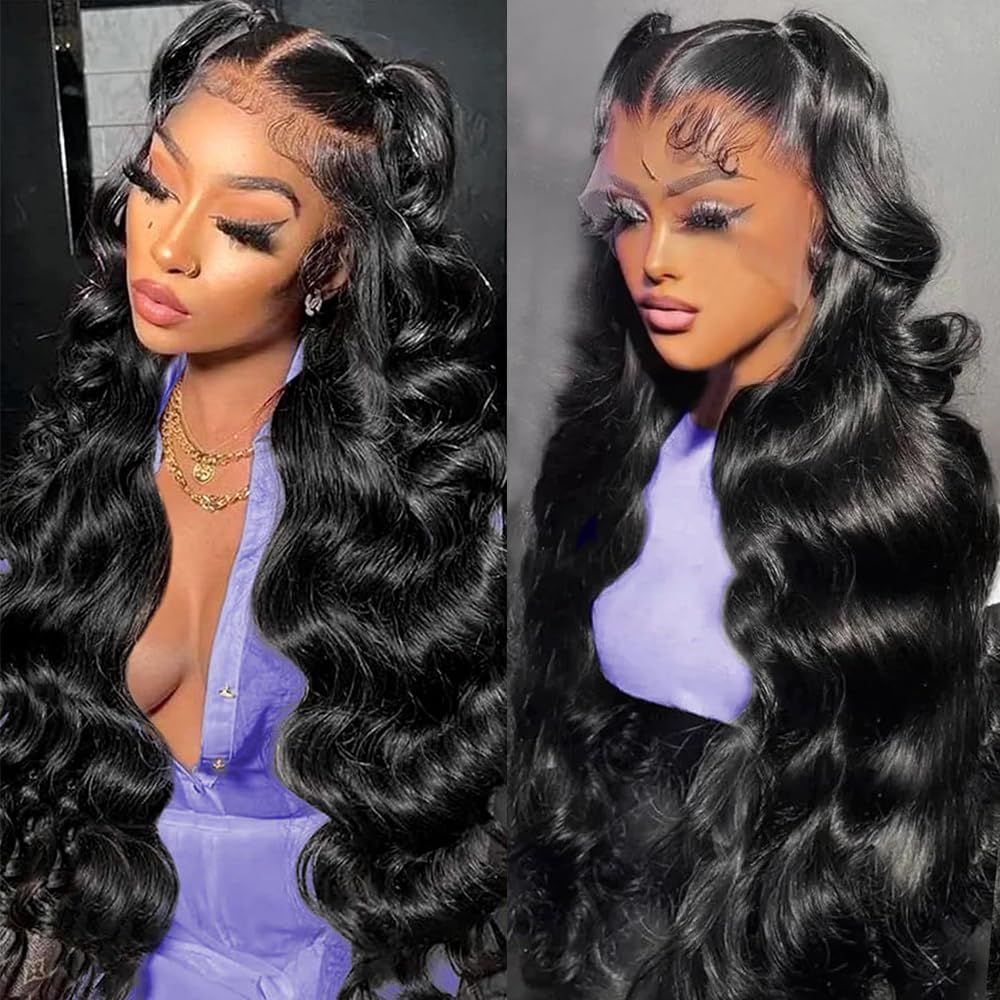 LANHEUNI 13x4 Lace Front Wigs Human Hair Pre Plucked 180% Density Body Wave Skin-like Transparent Glueless Wigs Human Hair 32 Inch Lace Frontal Wigs for Black Women Natural Color