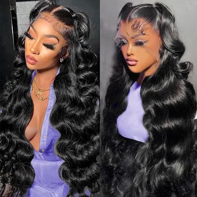 LANHEUNI 13x4 Lace Front Wigs Human Hair Pre Plucked 180% Density Body Wave Skin-like Transparent Glueless Wigs Human Hair 32 Inch Lace Frontal Wigs for Black Women Natural Color