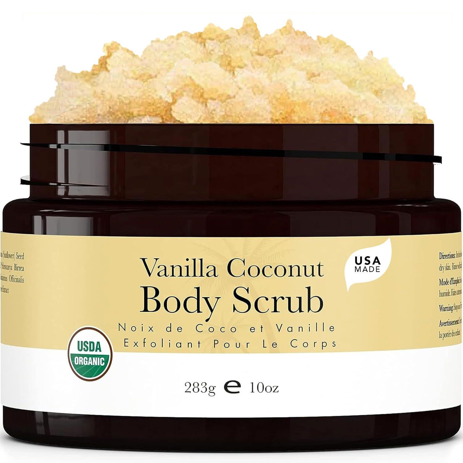 Organic Vanilla Coconut Body Scrub - USA Made Sugar Scrub with Natural Ingredients, Moisturizing Body &amp; Foot Exfoliator for Dry and Sensitive Skin, Removes Dead Skin Cells &amp; Reduces Ingrown Hair