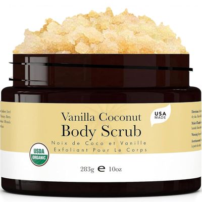 Organic Vanilla Coconut Body Scrub - USA Made Sugar Scrub with Natural Ingredients, Moisturizing Body &amp; Foot Exfoliator for Dry and Sensitive Skin, Removes Dead Skin Cells &amp; Reduces Ingrown Hair