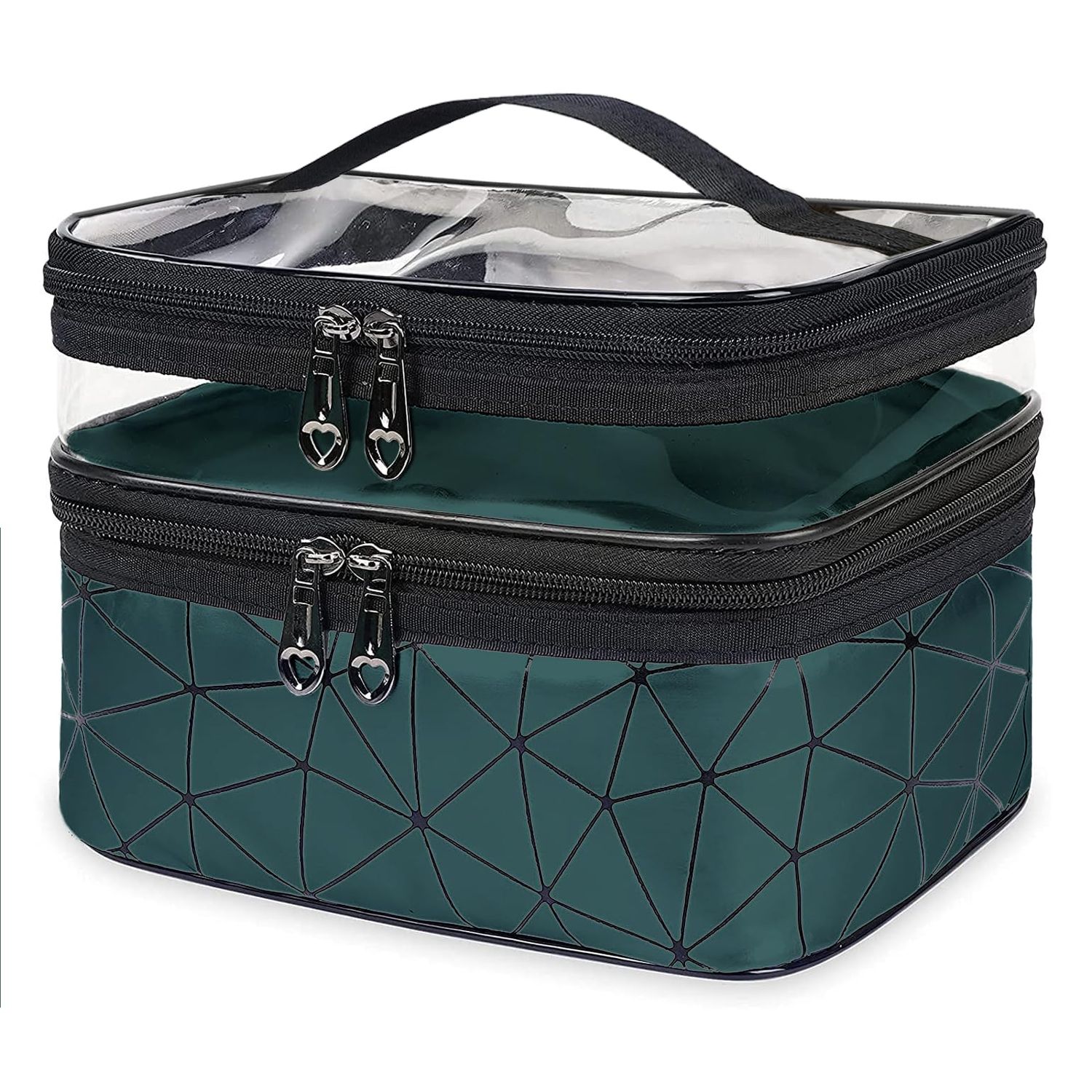 PVJSNN Makeup Bag, Double Layer Cosmetic Case Organizer, Girls Toiletry Bag, Clear Waterproof Cosmetic Bags With Handle, for Women Traveling Accessories Bottles, Brushes, Skin Care Products (Green)