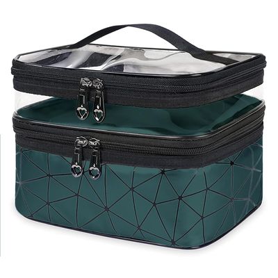 PVJSNN Makeup Bag, Double Layer Cosmetic Case Organizer, Girls Toiletry Bag, Clear Waterproof Cosmetic Bags With Handle, for Women Traveling Accessories Bottles, Brushes, Skin Care Products (Green)