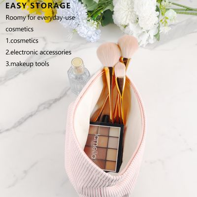 ZLFSRQ Corduroy Makeup Bag Cute Travel Cosmetic Bag for Women Girls Large Aesthetic Corduroy Zipper Makeup Pouch for Purse Trendy Skincare Makeup Pouch Portable Toiletry Bag Organizer (Pale Pink)