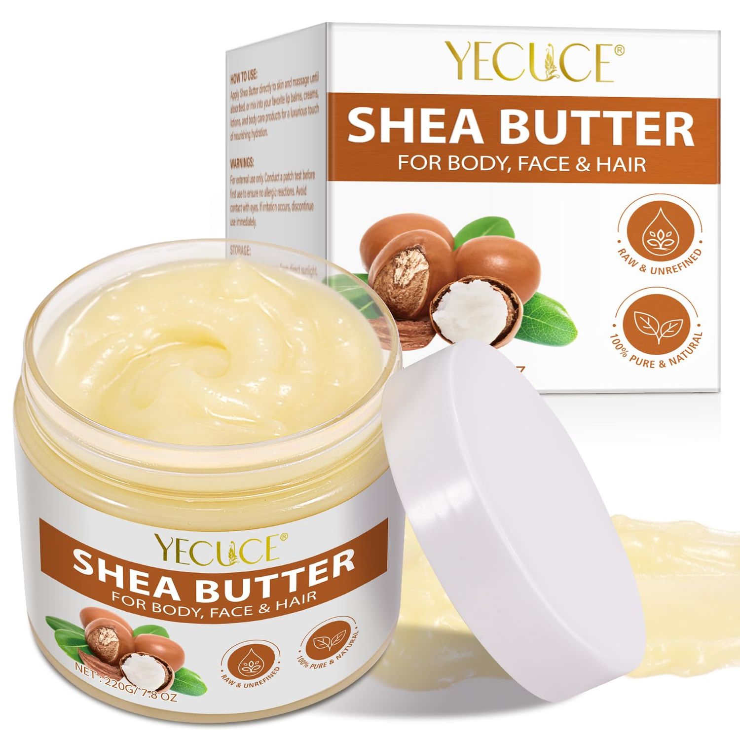 Pure Organic Shea Butter Raw, Unrefined Body &amp; Face Butter - 100% Natural Vitamin A, E &amp; F - Long-Lasting Hydration for Dry Skin, Hair Care, 7.8 oz